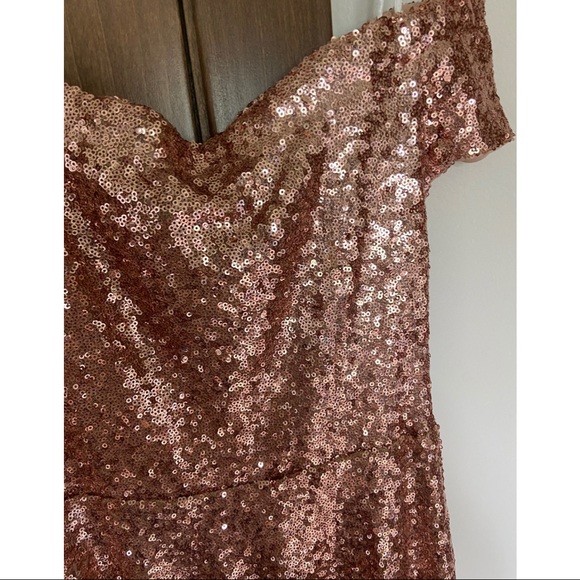Windsor Rose Gold Sequin Off-the-Shoulder High-Low Sparkly Shimmer Formal Dress - Picture 4 of 6